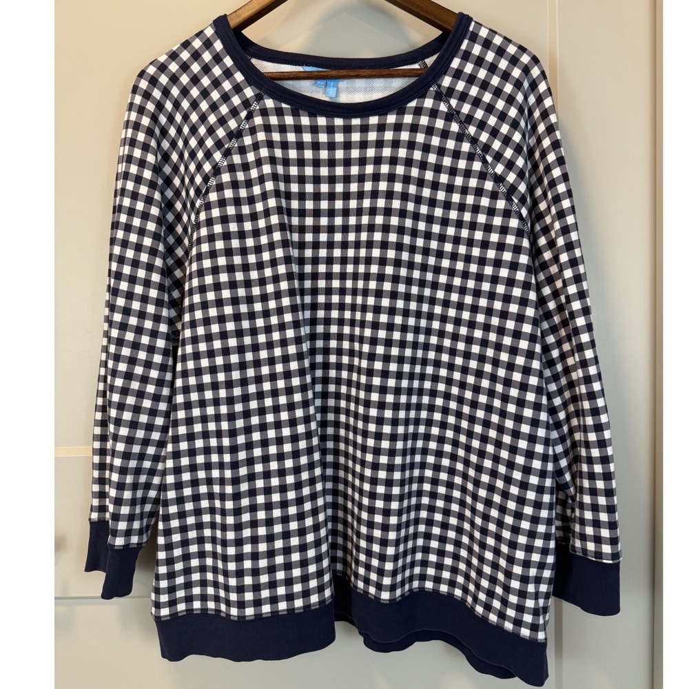 Draper James Natalie 2X Sweatshirt Navy Blue Coastal Nautical Gingham Terry Knit - Picture 1 of 5